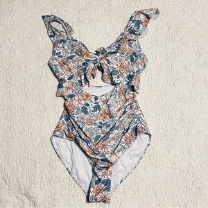 NEW Eomenie Sz Medium 1 Piece Swimsuit Blue White Orange Ruffle Cutout Tie Beach